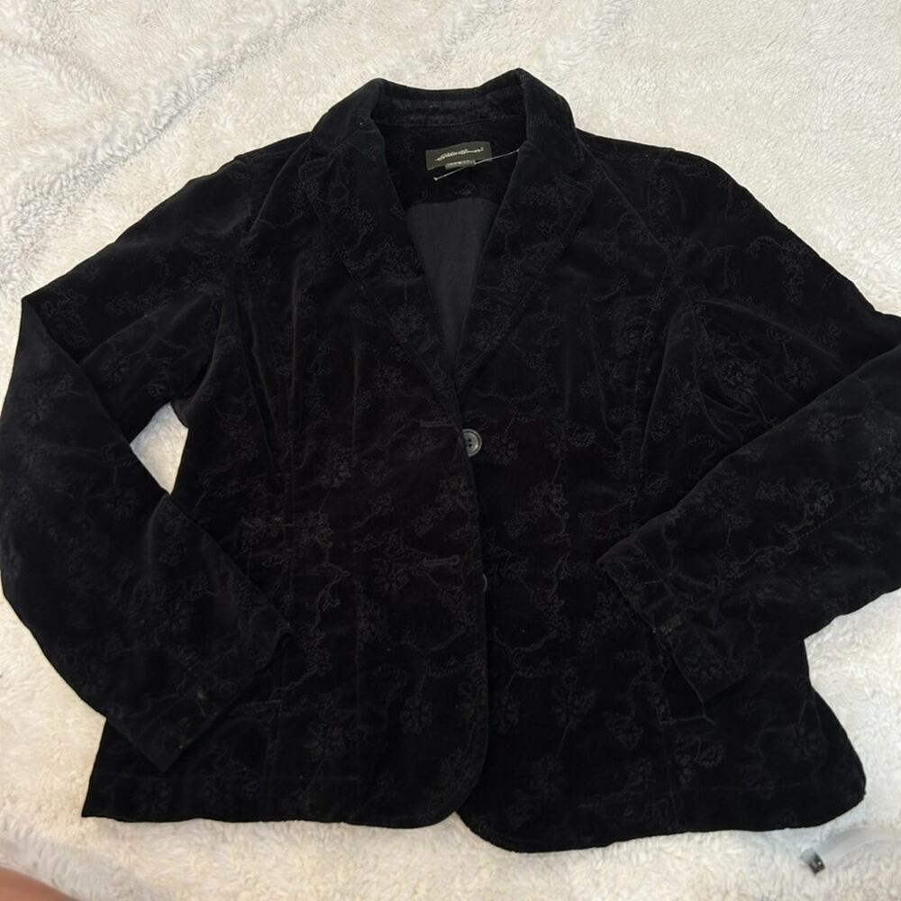 Vtg Eddie Bauer Velvet Blazer Jacket Womens Black 8p Button Pockets Stretch‎